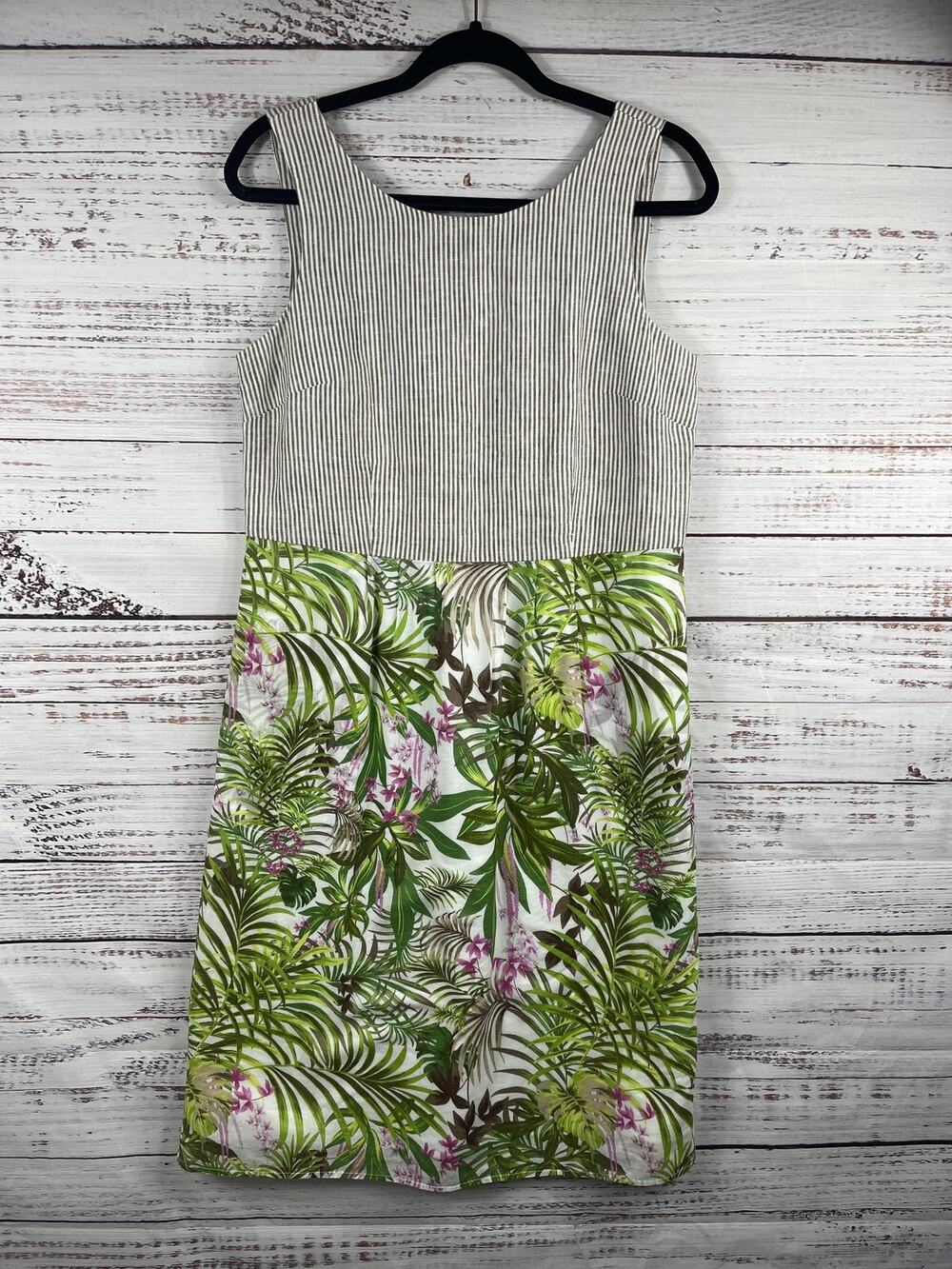 J Jill Dress Womens XS Green Tropical Floral Linen Striped Midi Sundress Pockets